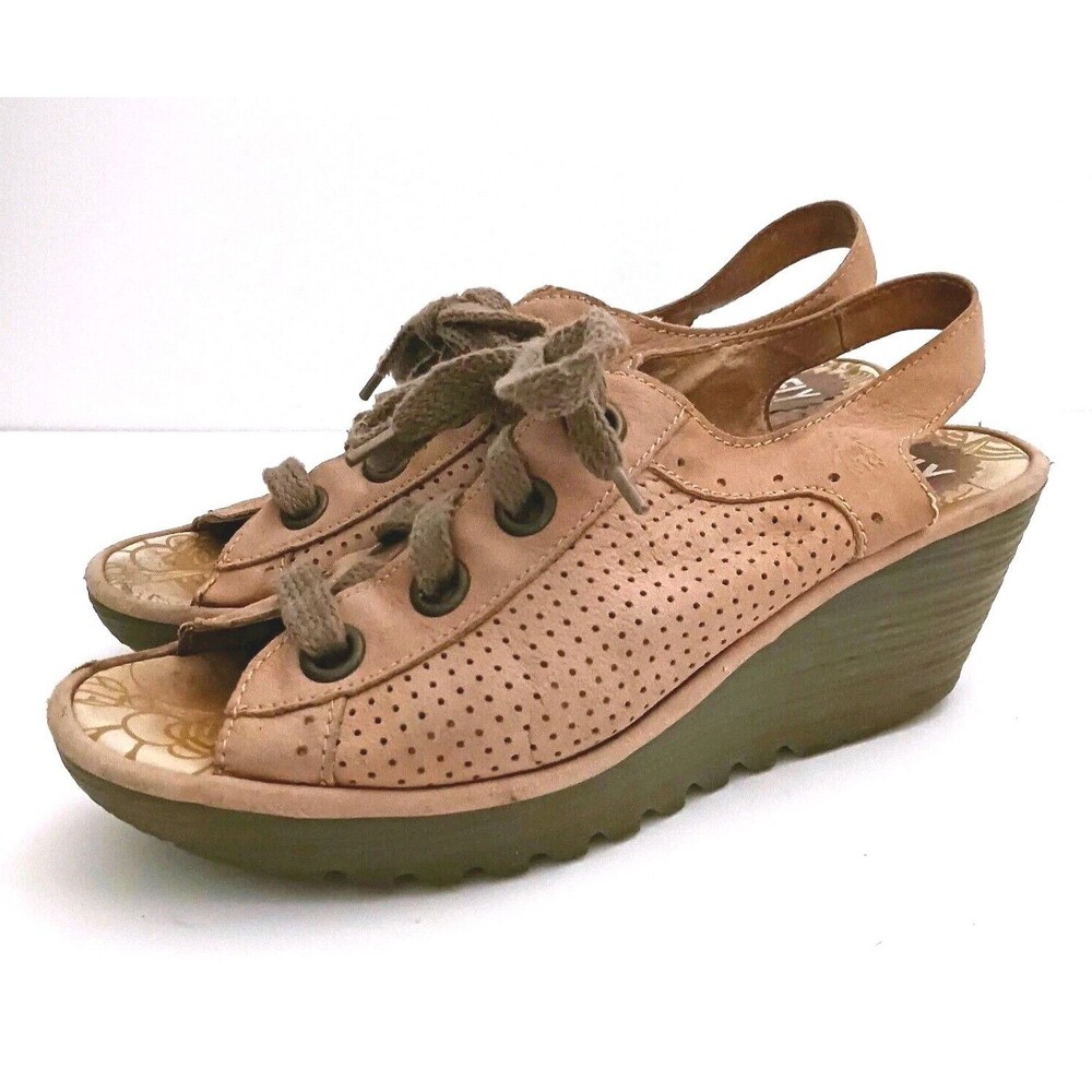 Fly London Yuta Wedge Sandal Beige Leather Lace Up 40 US 9-9.5